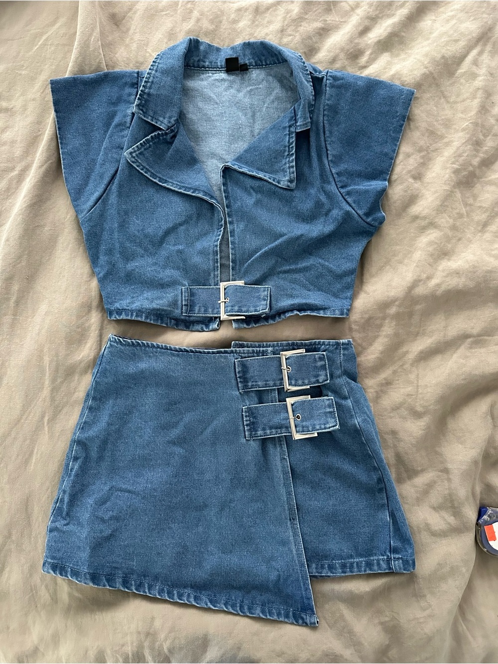 SHEIN Blue Denim Cropped Jacket & Buckle Mini Skirt Set